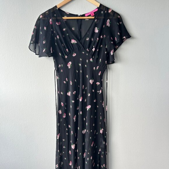 Betsey Johnson X Urban Outfitters Black Floral Flutter Sleeve Maxi Dress Size 4 - Picture 2 of 10